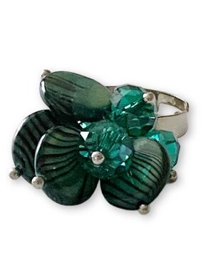 Vintage Teal Beaded Crystal & Stone Adjustable Boho Charm Statement Fashion Ring